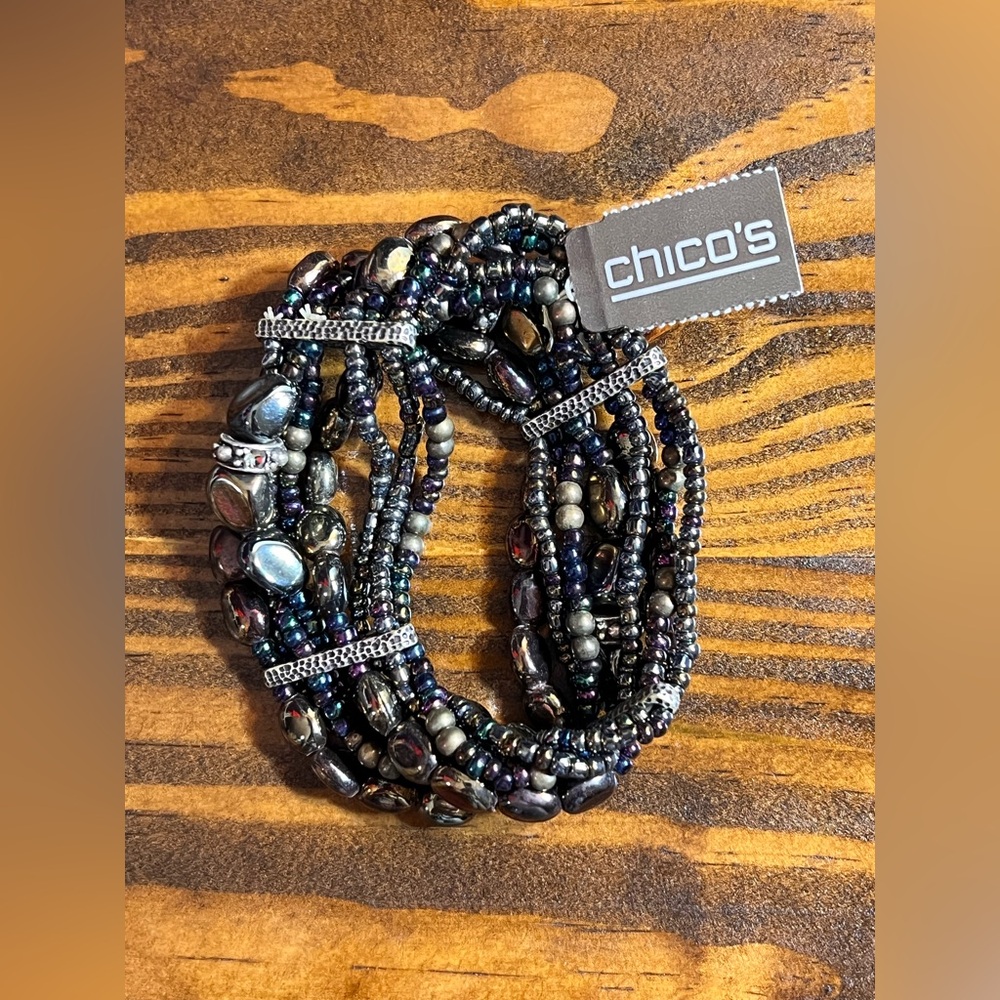 Chico's Iridescent Black Beaded Bracelet NWT metallic silver tone hammered